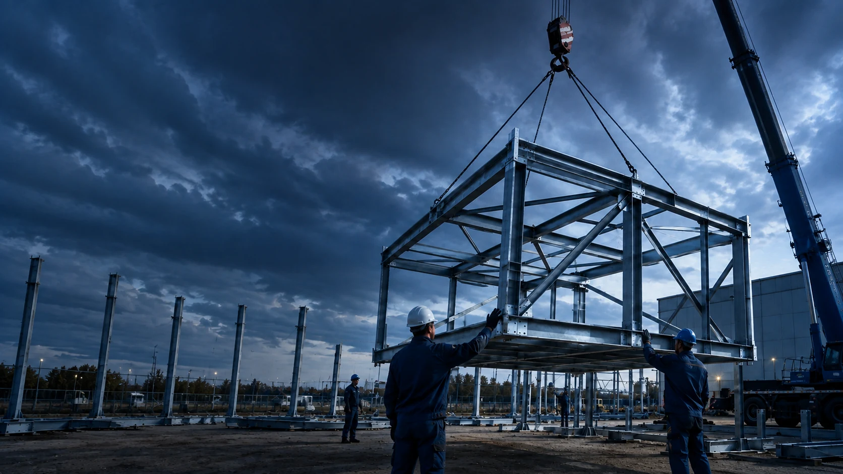 Montáž oceľovej konštrukcie žeriavom v priemyselnom areáli